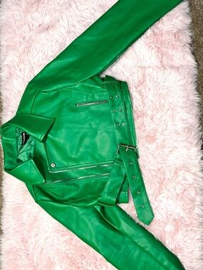 PrettyLittleThing Bright Green Faux Leather Biker Jacket with Belt